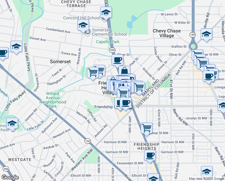 map of restaurants, bars, coffee shops, grocery stores, and more near 4450 South Park Avenue in Chevy Chase