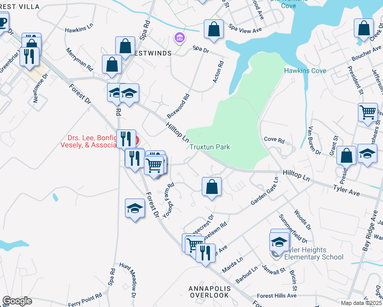 map of restaurants, bars, coffee shops, grocery stores, and more near 1200 Gemini Drive in Annapolis