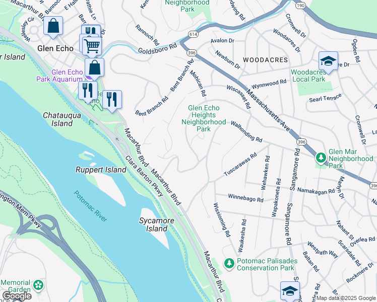 map of restaurants, bars, coffee shops, grocery stores, and more near 5452 Mohican Road in Bethesda