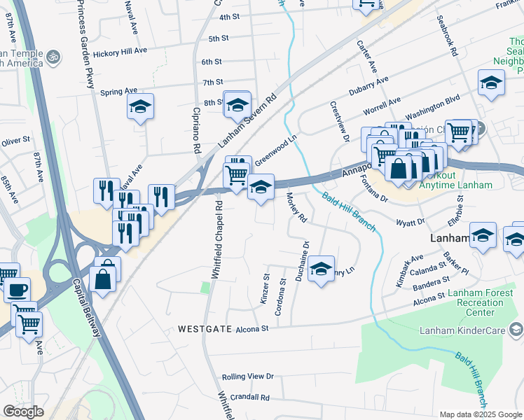 map of restaurants, bars, coffee shops, grocery stores, and more near in Lanham