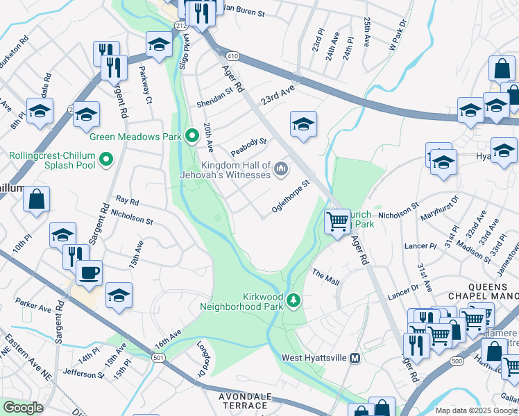 map of restaurants, bars, coffee shops, grocery stores, and more near 6021 20th Avenue in Hyattsville