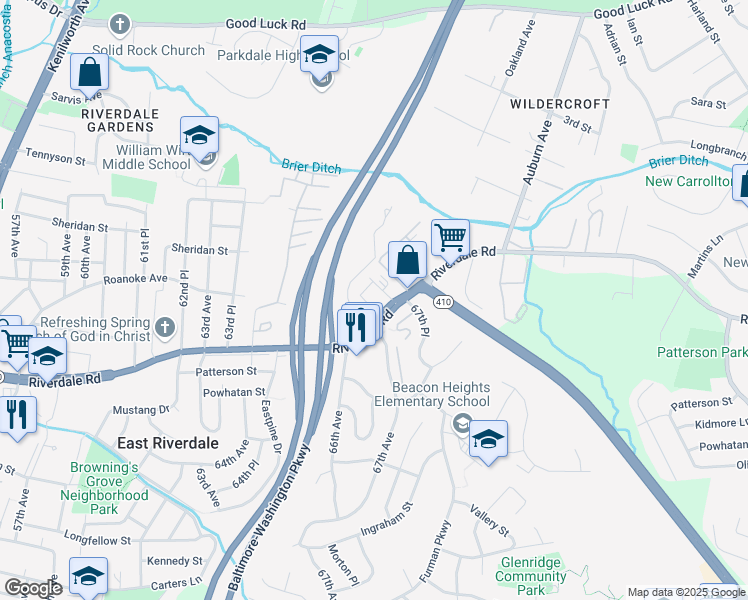 map of restaurants, bars, coffee shops, grocery stores, and more near 6700 Riverdale Road in Riverdale Park