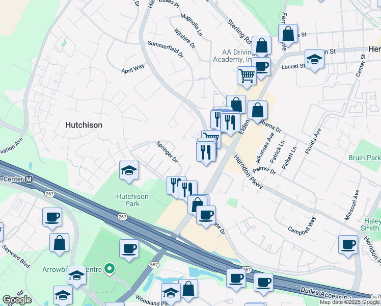 map of restaurants, bars, coffee shops, grocery stores, and more near 2166 Glacier Rd in Herndon