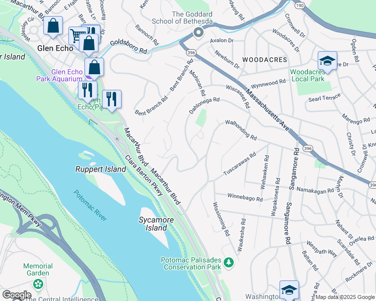 map of restaurants, bars, coffee shops, grocery stores, and more near 5452 Mohican Road in Bethesda