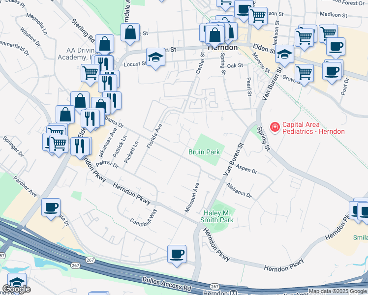 map of restaurants, bars, coffee shops, grocery stores, and more near 501 Dakota Drive in Herndon