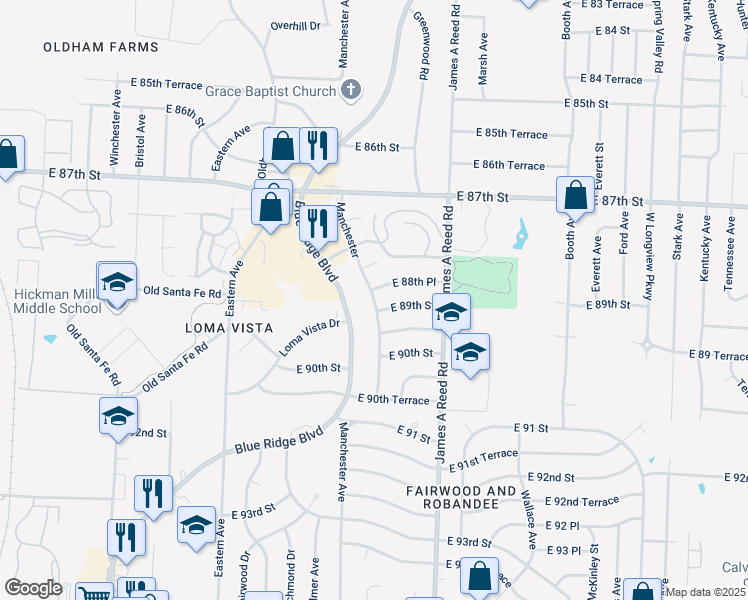map of restaurants, bars, coffee shops, grocery stores, and more near 8820 Manchester in Kansas City