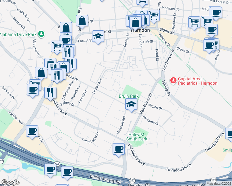 map of restaurants, bars, coffee shops, grocery stores, and more near 501 Dakota Drive in Herndon