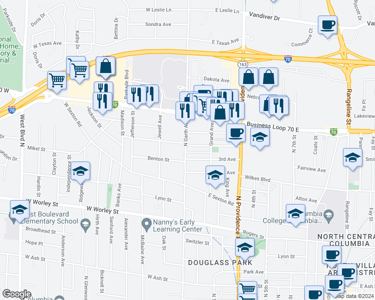 map of restaurants, bars, coffee shops, grocery stores, and more near 1006 North Garth Avenue in Columbia