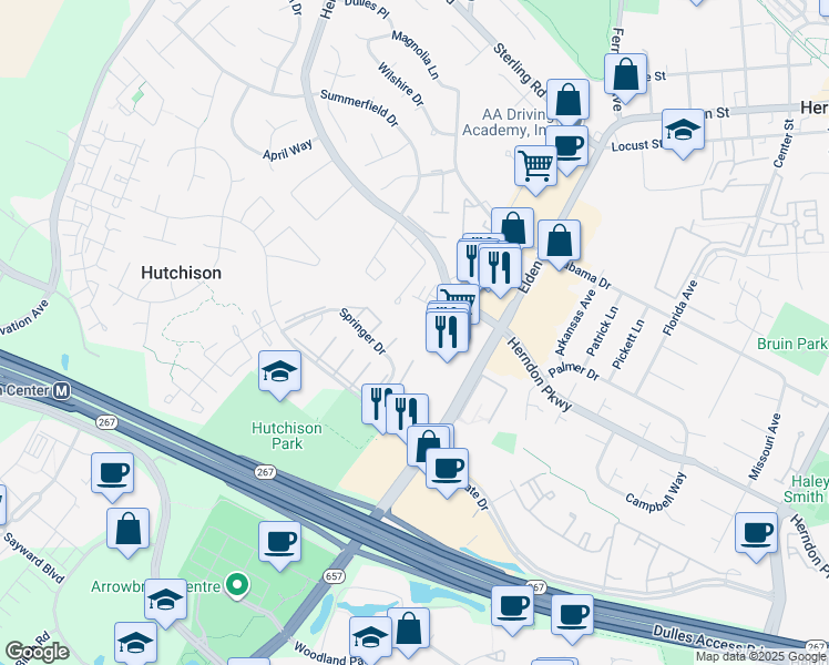 map of restaurants, bars, coffee shops, grocery stores, and more near 2166 Glacier Rd in Herndon