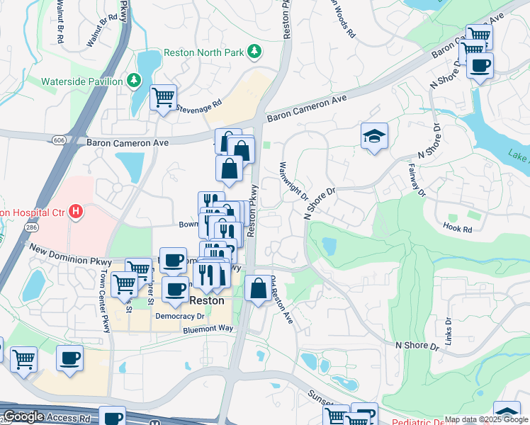 map of restaurants, bars, coffee shops, grocery stores, and more near 11732 Bowman Green Drive in Reston