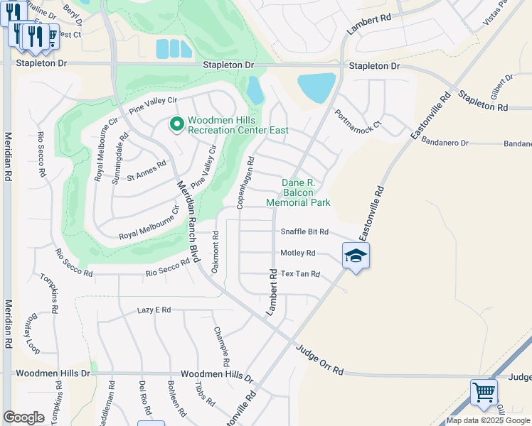 map of restaurants, bars, coffee shops, grocery stores, and more near 9197 Oakmont Road in Peyton