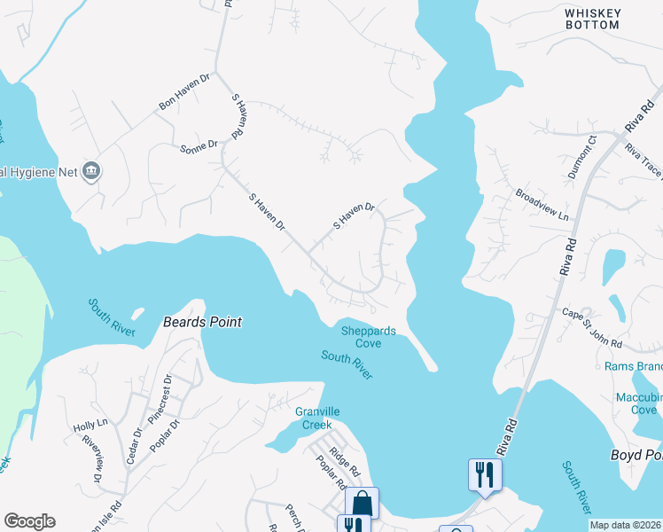 map of restaurants, bars, coffee shops, grocery stores, and more near 2904 South Haven Drive in Annapolis