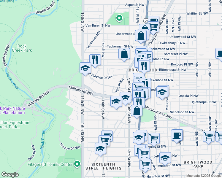 map of restaurants, bars, coffee shops, grocery stores, and more near 1360 Peabody Street Northwest in Washington