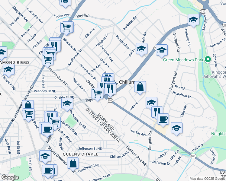 map of restaurants, bars, coffee shops, grocery stores, and more near 5918 Riggs Rd in Hyattsville