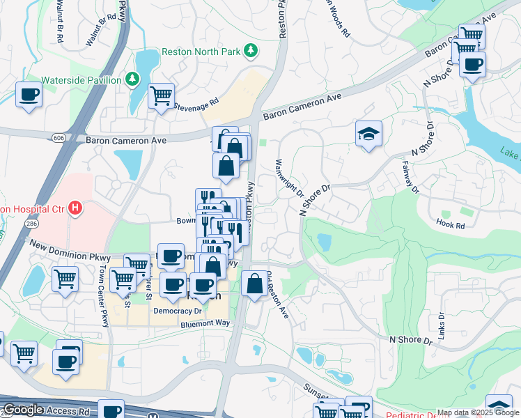 map of restaurants, bars, coffee shops, grocery stores, and more near 11732 Bowman Green Drive in Reston