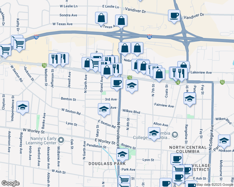 map of restaurants, bars, coffee shops, grocery stores, and more near 213 3rd Avenue in Columbia