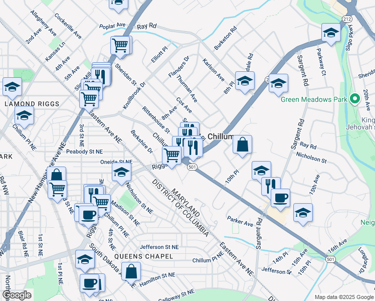 map of restaurants, bars, coffee shops, grocery stores, and more near 101 Independence Avenue Southeast in Washington
