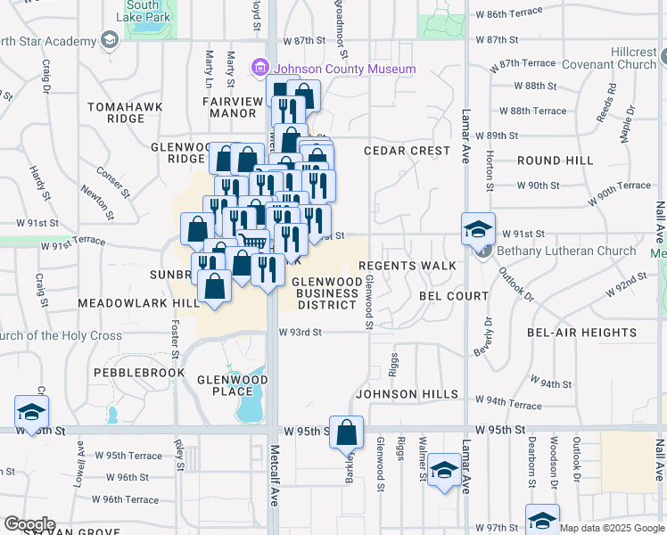 map of restaurants, bars, coffee shops, grocery stores, and more near 6801 West 91st Street in Overland Park