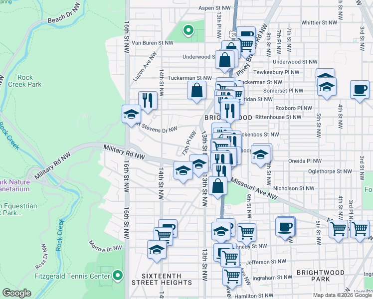 map of restaurants, bars, coffee shops, grocery stores, and more near Rock Creek Ford Road Northwest in Washington