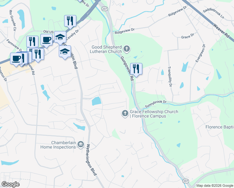 map of restaurants, bars, coffee shops, grocery stores, and more near 1426 Taramore Drive in Florence