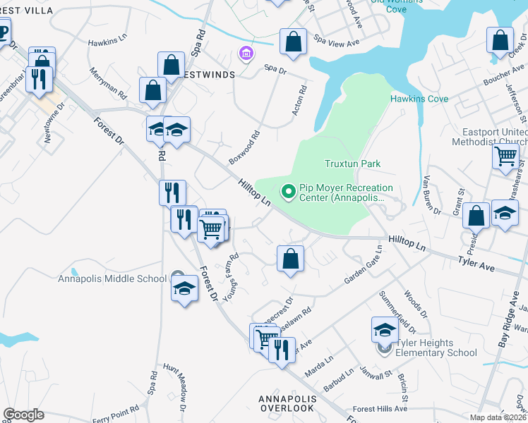 map of restaurants, bars, coffee shops, grocery stores, and more near 1204 Gemini Drive in Annapolis