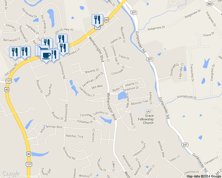 map of restaurants, bars, coffee shops, grocery stores, and more near 1548 Butler Court in Florence