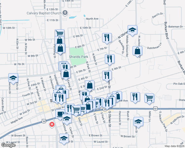 map of restaurants, bars, coffee shops, grocery stores, and more near 608 East 4th Street Road in Seymour