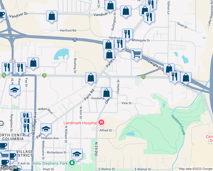 map of restaurants, bars, coffee shops, grocery stores, and more near 1101-1199 Old U.S. Highway 63 in Columbia