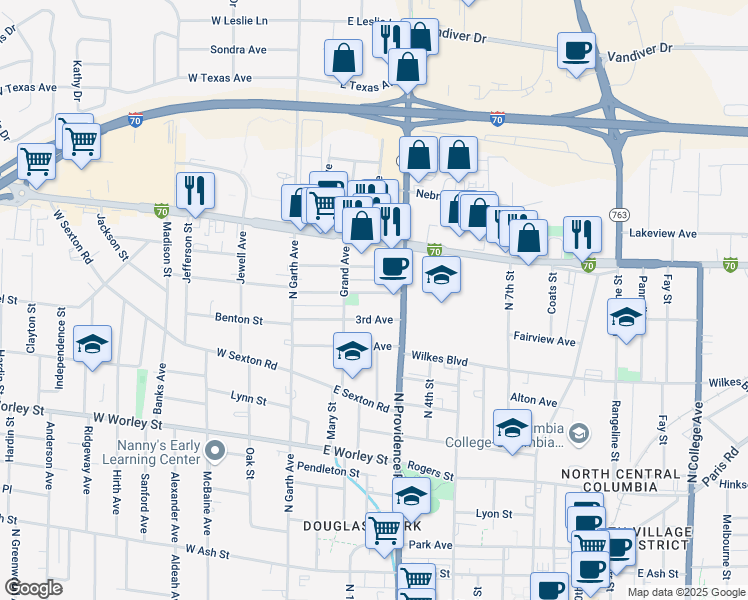 map of restaurants, bars, coffee shops, grocery stores, and more near 109 3rd Avenue in Columbia