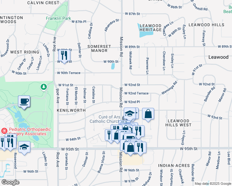 map of restaurants, bars, coffee shops, grocery stores, and more near in Prairie Village