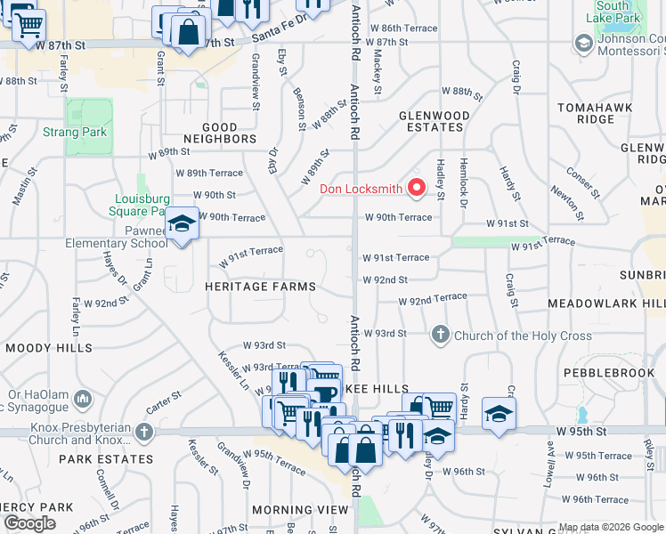 map of restaurants, bars, coffee shops, grocery stores, and more near 9129 Slater Street in Overland Park