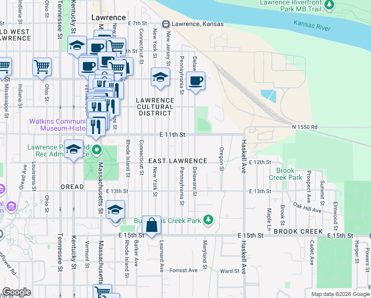 map of restaurants, bars, coffee shops, grocery stores, and more near 1133 Pennsylvania Street in Lawrence