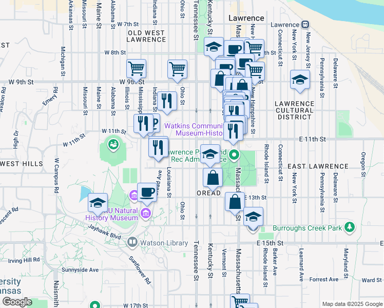 map of restaurants, bars, coffee shops, grocery stores, and more near 1135 Tennessee Street in Lawrence
