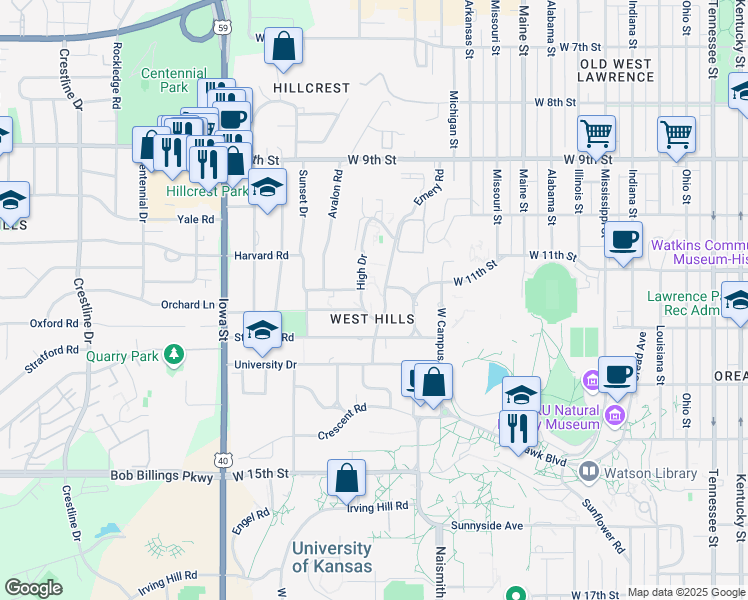 map of restaurants, bars, coffee shops, grocery stores, and more near 1601 Oxford Road in Lawrence