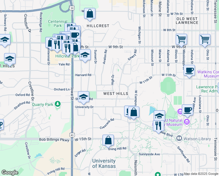 map of restaurants, bars, coffee shops, grocery stores, and more near 1601 Oxford Road in Lawrence