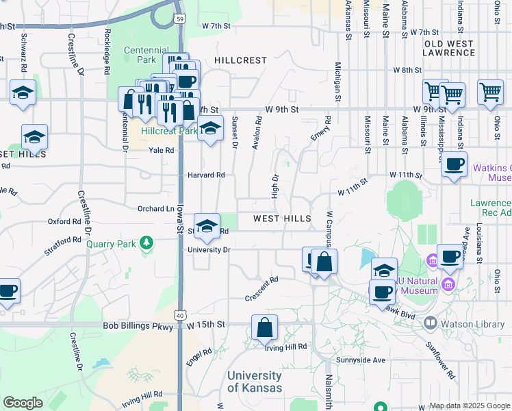 map of restaurants, bars, coffee shops, grocery stores, and more near 1706-1748 Oxford Road in Lawrence