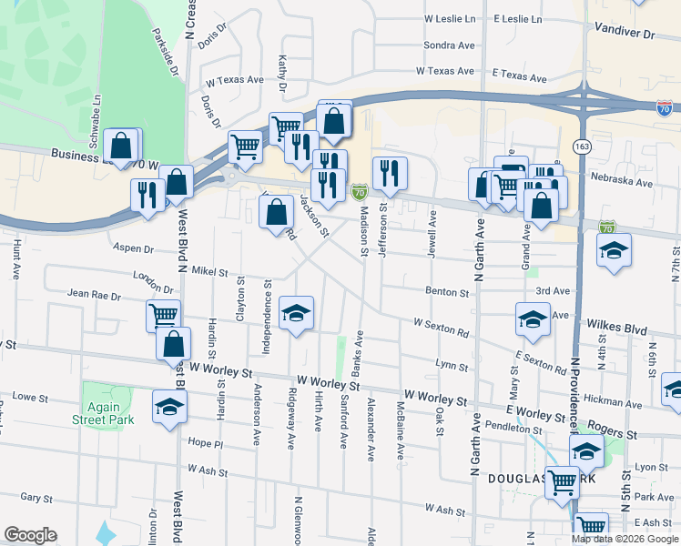 map of restaurants, bars, coffee shops, grocery stores, and more near 907 Madison Street in Columbia