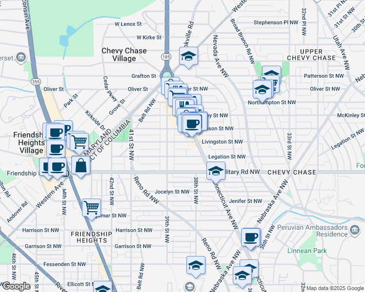 map of restaurants, bars, coffee shops, grocery stores, and more near 3812 Livingston Street Northwest in Washington