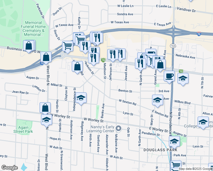 map of restaurants, bars, coffee shops, grocery stores, and more near 907 Madison Street in Columbia