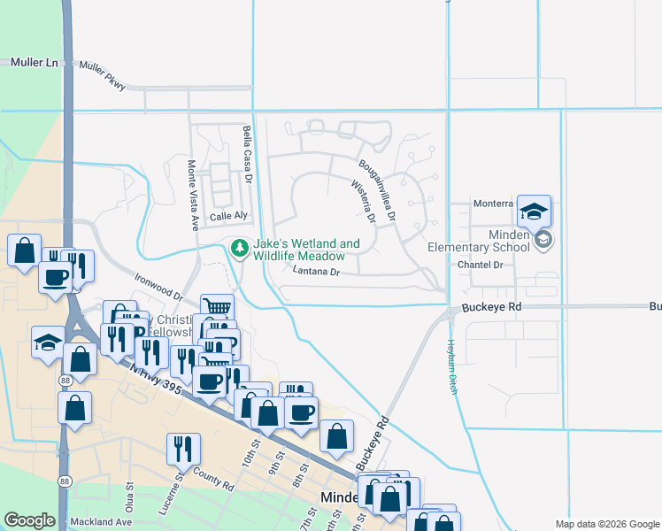 map of restaurants, bars, coffee shops, grocery stores, and more near 1680 Lantana Drive in Minden