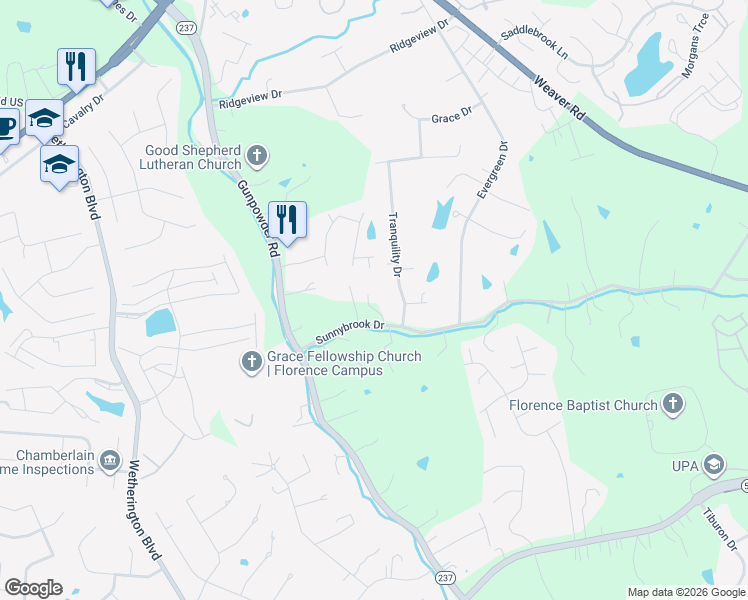 map of restaurants, bars, coffee shops, grocery stores, and more near 902 Sunnybrook Drive in Florence