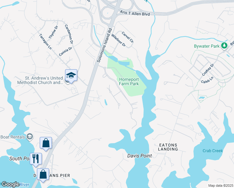 map of restaurants, bars, coffee shops, grocery stores, and more near Commander Davis Drive in Edgewater