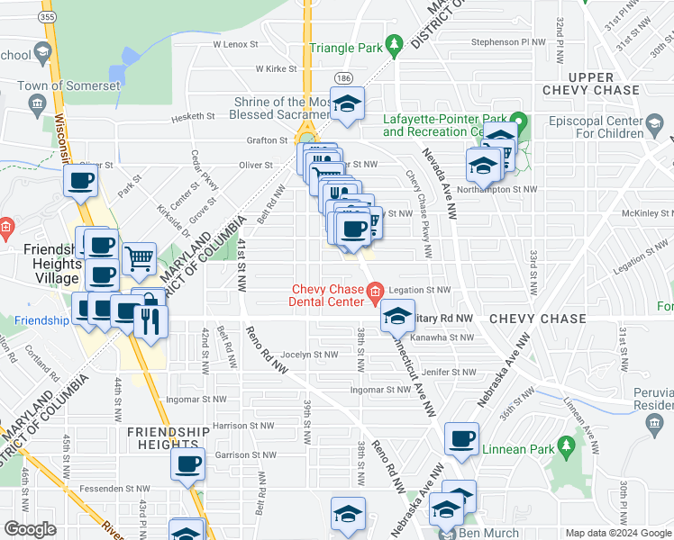 map of restaurants, bars, coffee shops, grocery stores, and more near 3812 Livingston Street Northwest in Washington