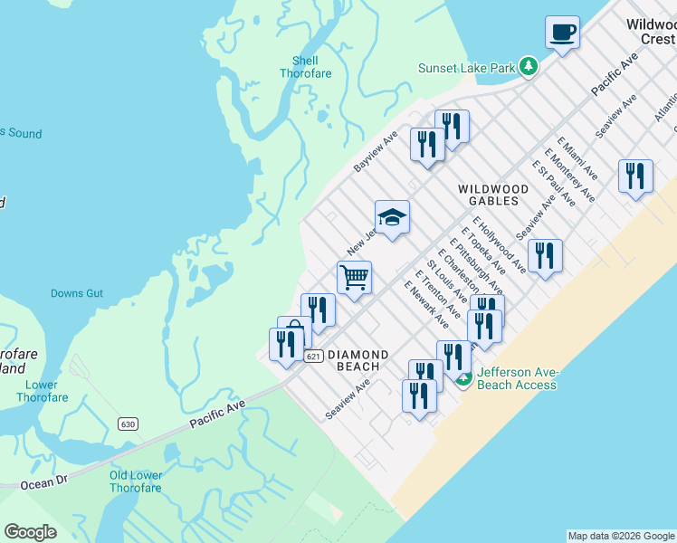 map of restaurants, bars, coffee shops, grocery stores, and more near 107 East Richmond Avenue in Wildwood Crest