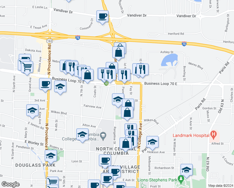 map of restaurants, bars, coffee shops, grocery stores, and more near 1108 Rangeline Street in Columbia