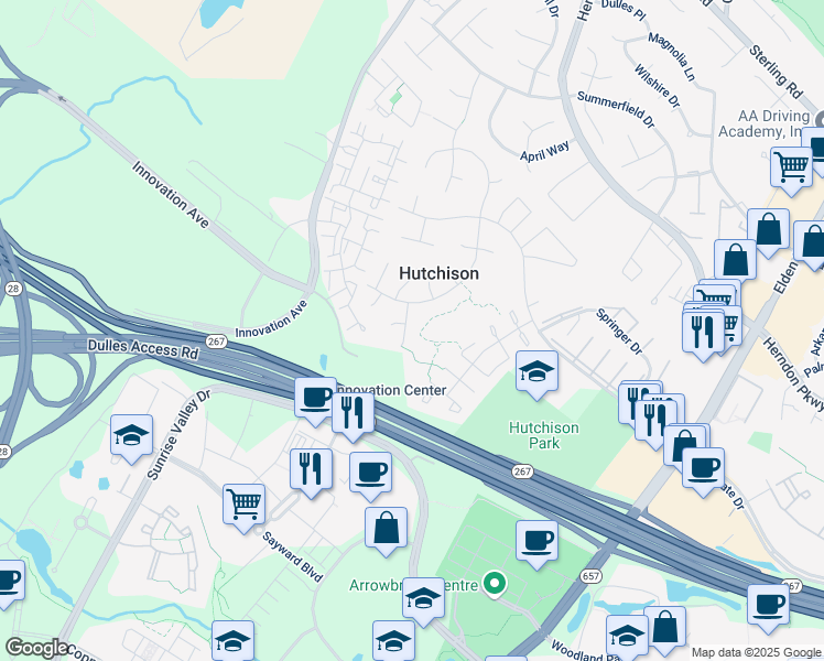 map of restaurants, bars, coffee shops, grocery stores, and more near 2207 Farougi Court in Herndon