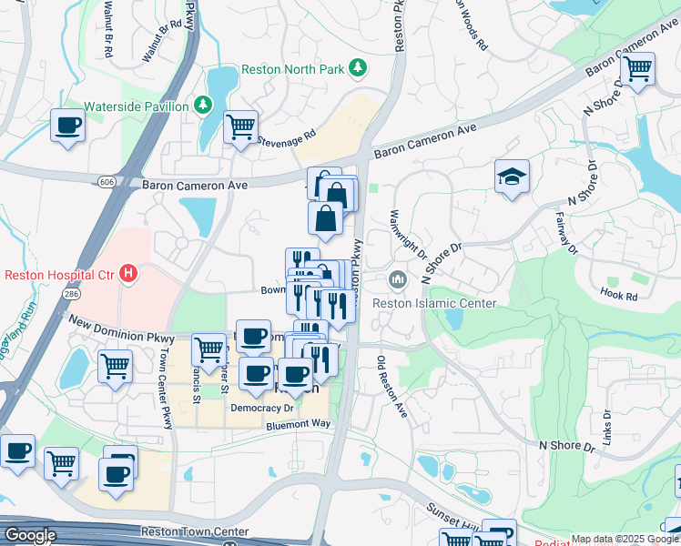 map of restaurants, bars, coffee shops, grocery stores, and more near 1760 Reston Parkway in Reston
