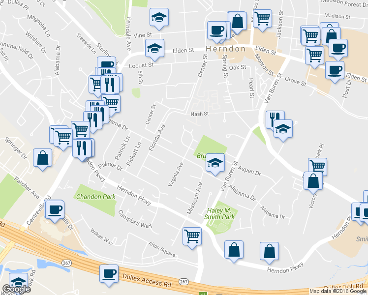 map of restaurants, bars, coffee shops, grocery stores, and more near 507 Dakota Drive in Herndon