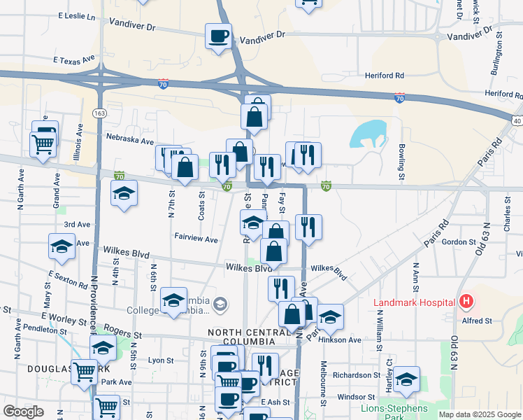 map of restaurants, bars, coffee shops, grocery stores, and more near 1109 Pannell Street in Columbia