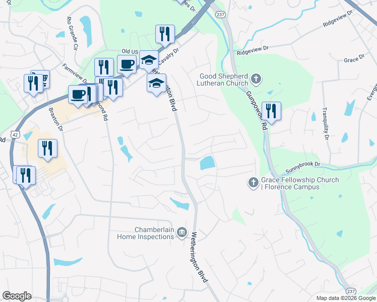 map of restaurants, bars, coffee shops, grocery stores, and more near 1548 Butler Court in Florence